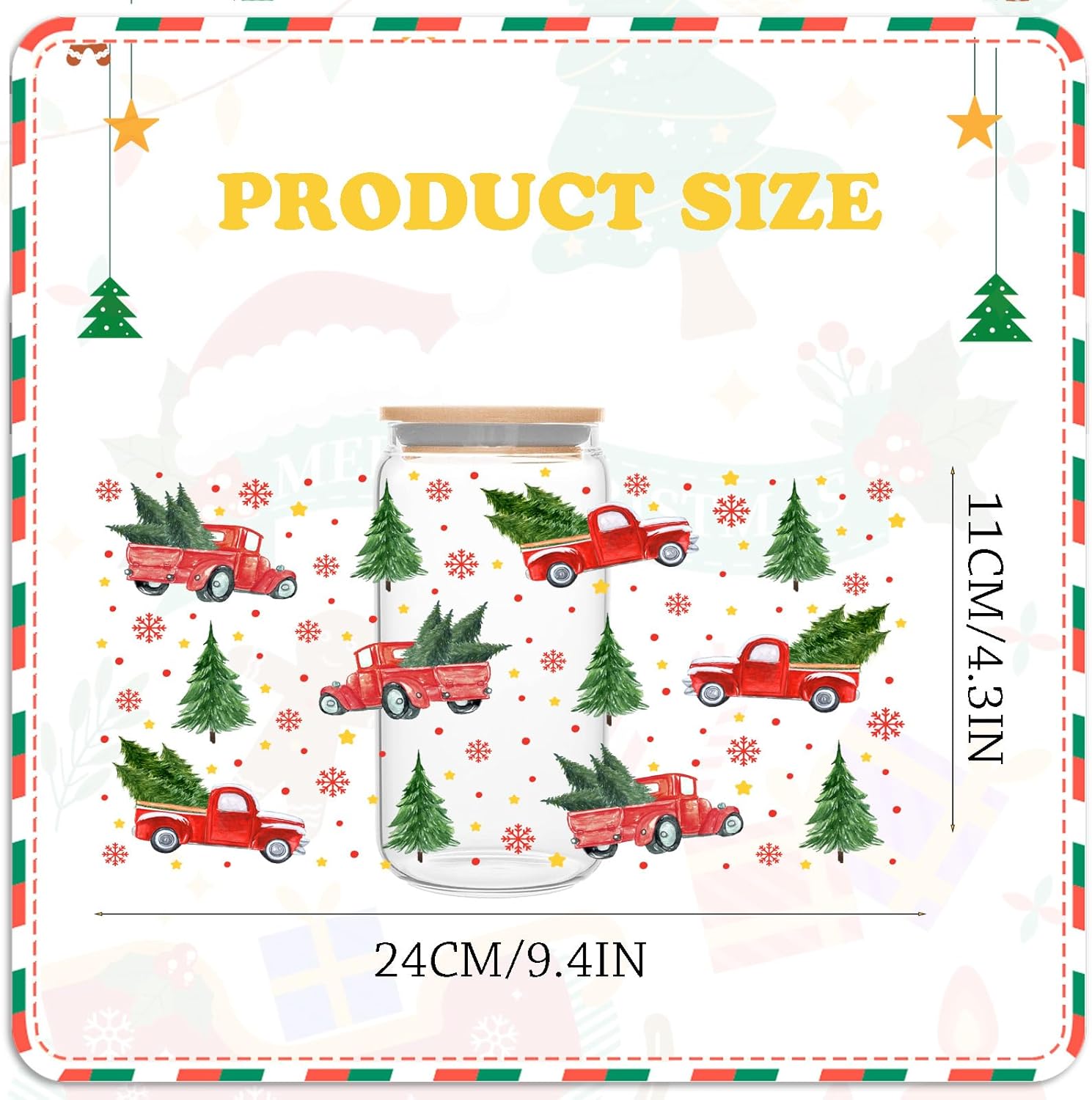 Envoltura de copa de Navidad UV DTF  Árbol de Navidad de pan de jengibre de Papá Noel impreso 16oz Libbey Glass Cup Wrap, listo para aplicar,