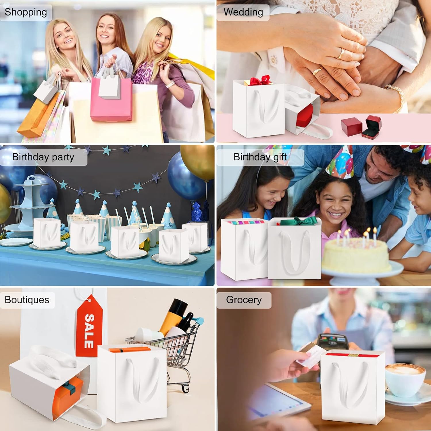 EUSOAR Bolsas de papel de estraza de regalo con asas, paquete de 20 bolsas de papel kraft blancas pequeñas de 4 x 2.75 x 4.5 pulgadas, a granel,