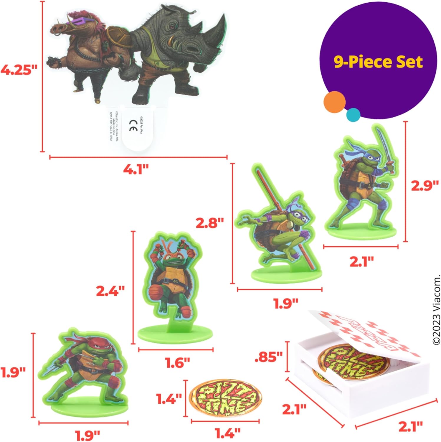 DecoSet Teenage Mutant Ninja Turtles Pizza Power Cake Topper, decoración de pastel de 6 piezas con figuras de tortuga, foto de pastel y lanzador de