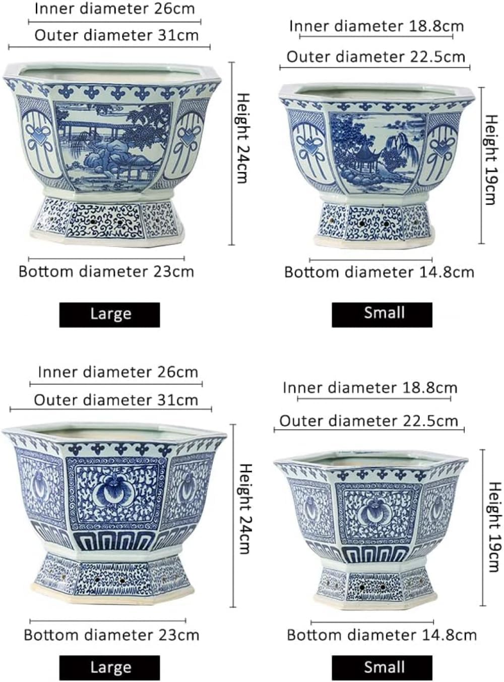 Macetero hexagonal azul y blanco de porcelana Chinoiserie Jingdezhen Jardín para el hogar Jardinera dibujada a mano Patrón de orquídea maceta con