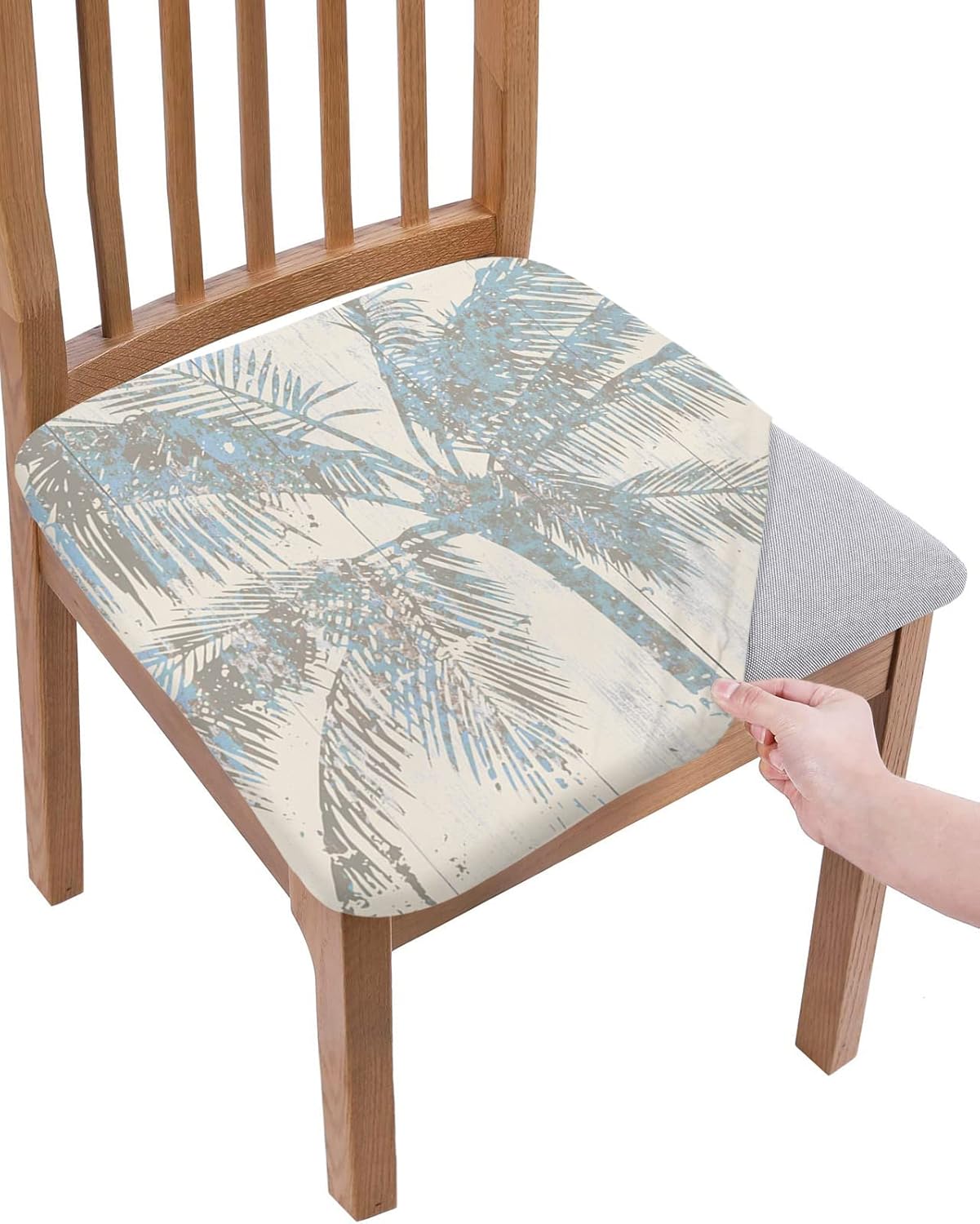 Fundas de asiento de relleno de palmeras tropicales para sillas de comedor, fundas elásticas para sillas de cocina, fondo de grano de rayas de