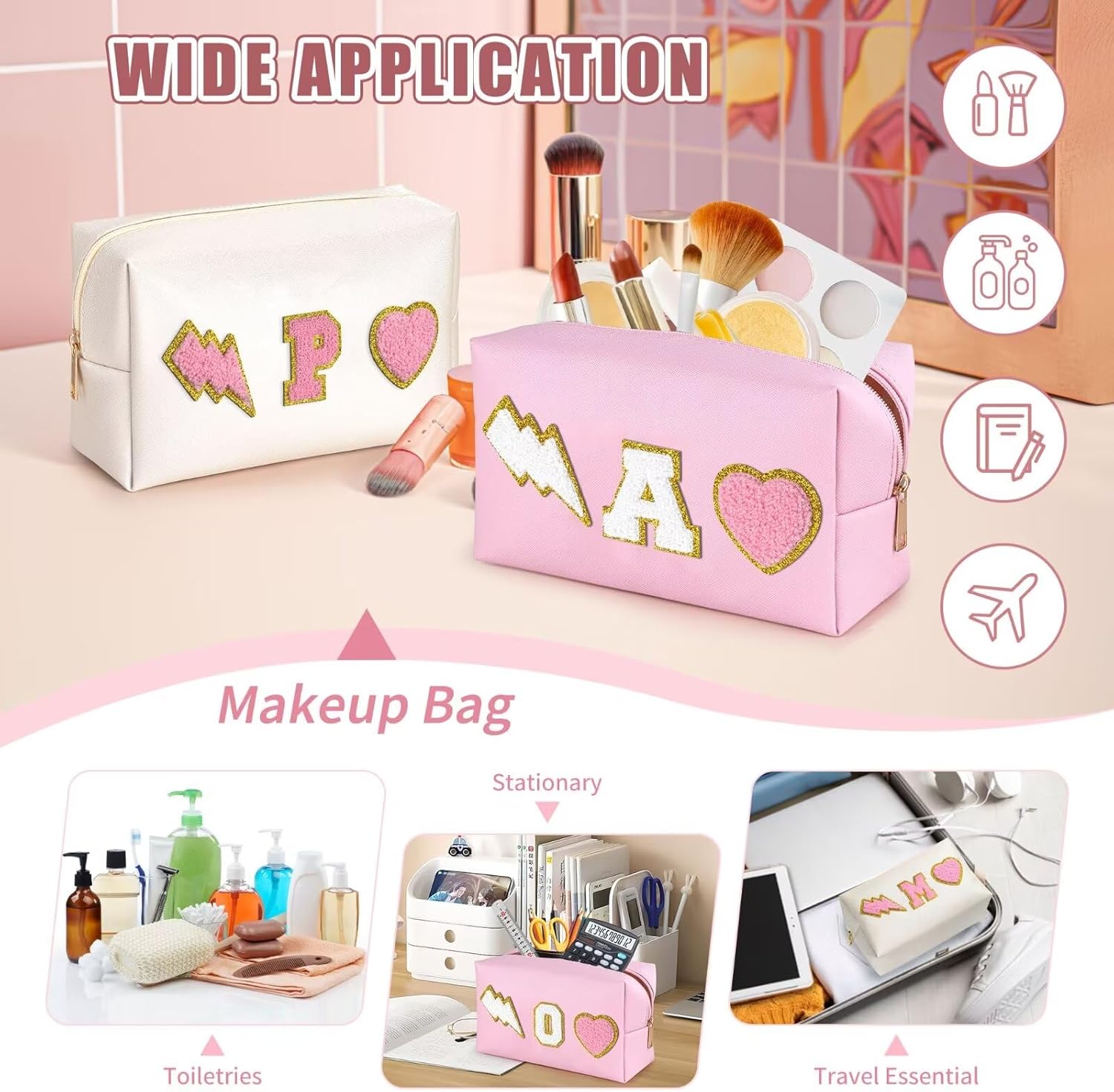 Bolsa de maquillaje preppy con inicial, regalo personalizado para mujeres, Rosado, Small (3