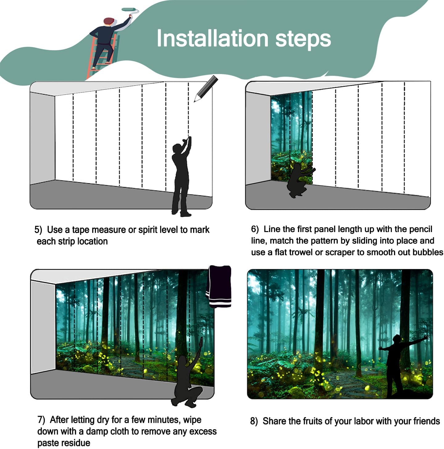 YQWDMX – Papel tapiz verde con bosque encantado para decoración de pared de fondo de dormitorio infantil (no se puede despegar ni pegar)