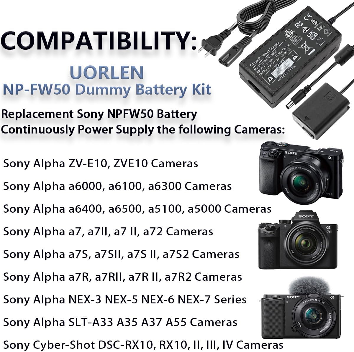 UORLEN ACPW20 Adaptador de fuente de alimentación de CA ZV-E10 NP-FW50 Kit de batería ficticia para Sony A6000 A6400 A7II A5100 A6100 A6300 A6500