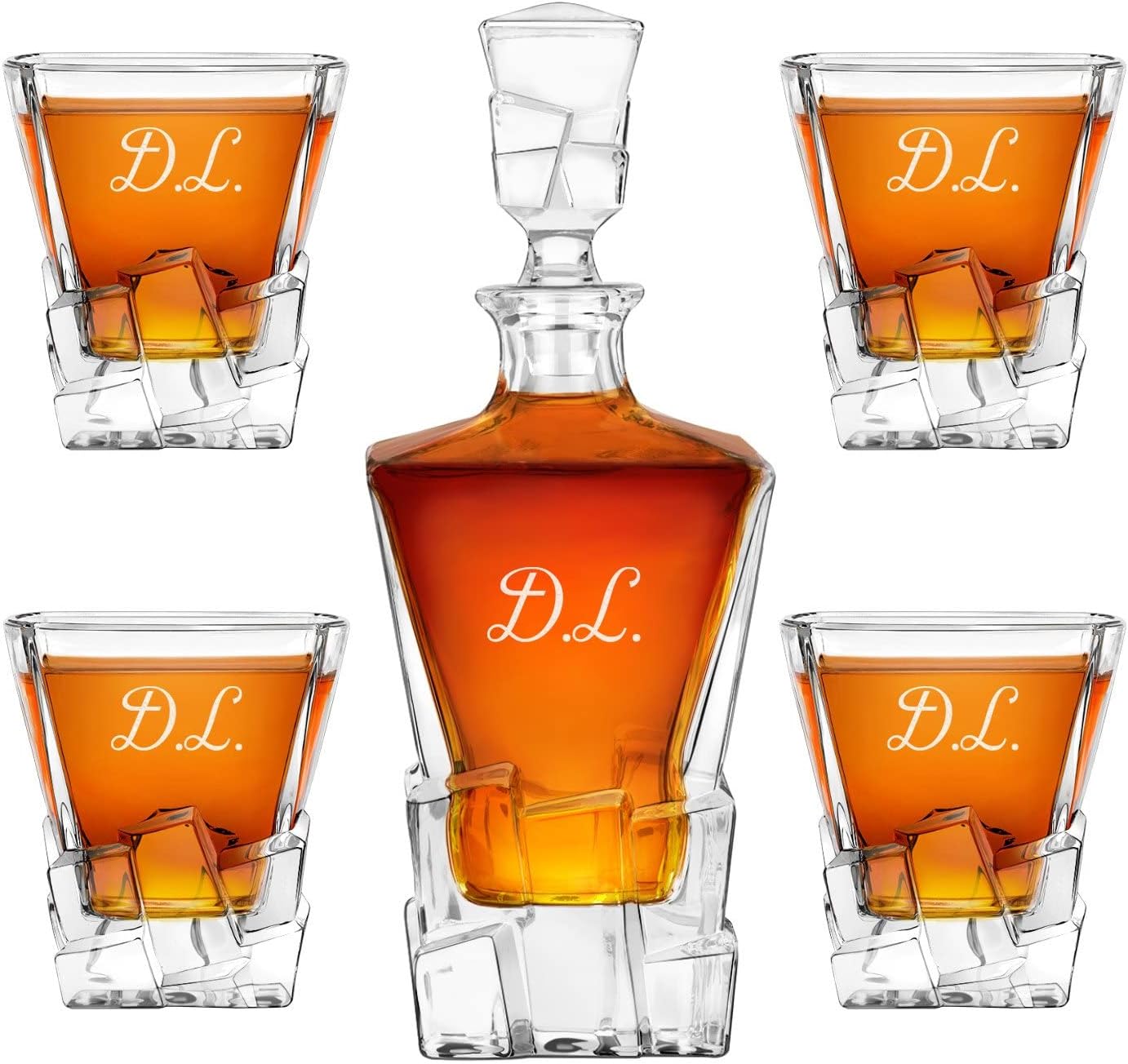 Maverton Decantador de whisky personalizado y 4 vasos para hombre – Elegante juego de whisky con grabado – Modelo de cubitos de hielo – Elegante