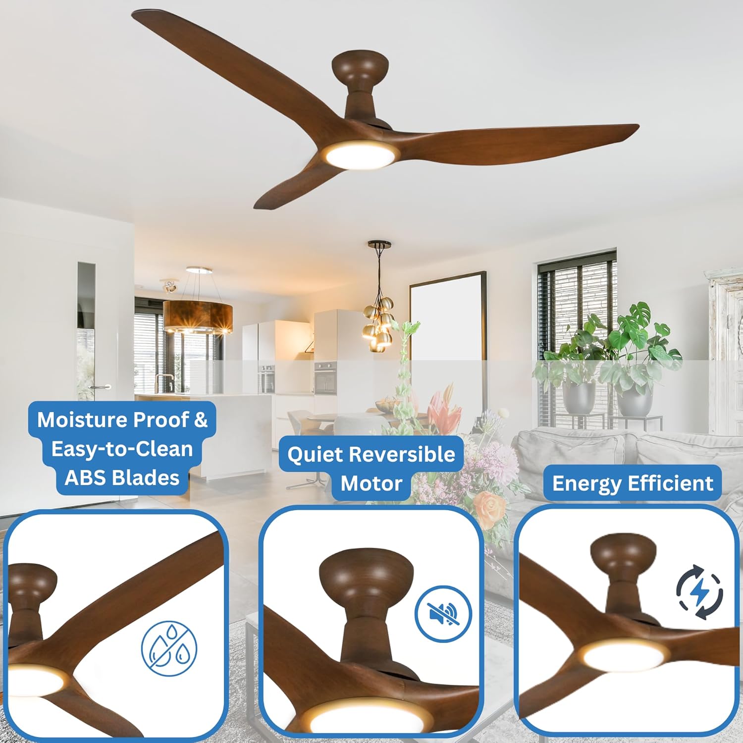 Venta Ventilador de techo de 3 aspas con certificación ETL de 64 pulgadas con control remoto de luces, color madera natural con luz LED y