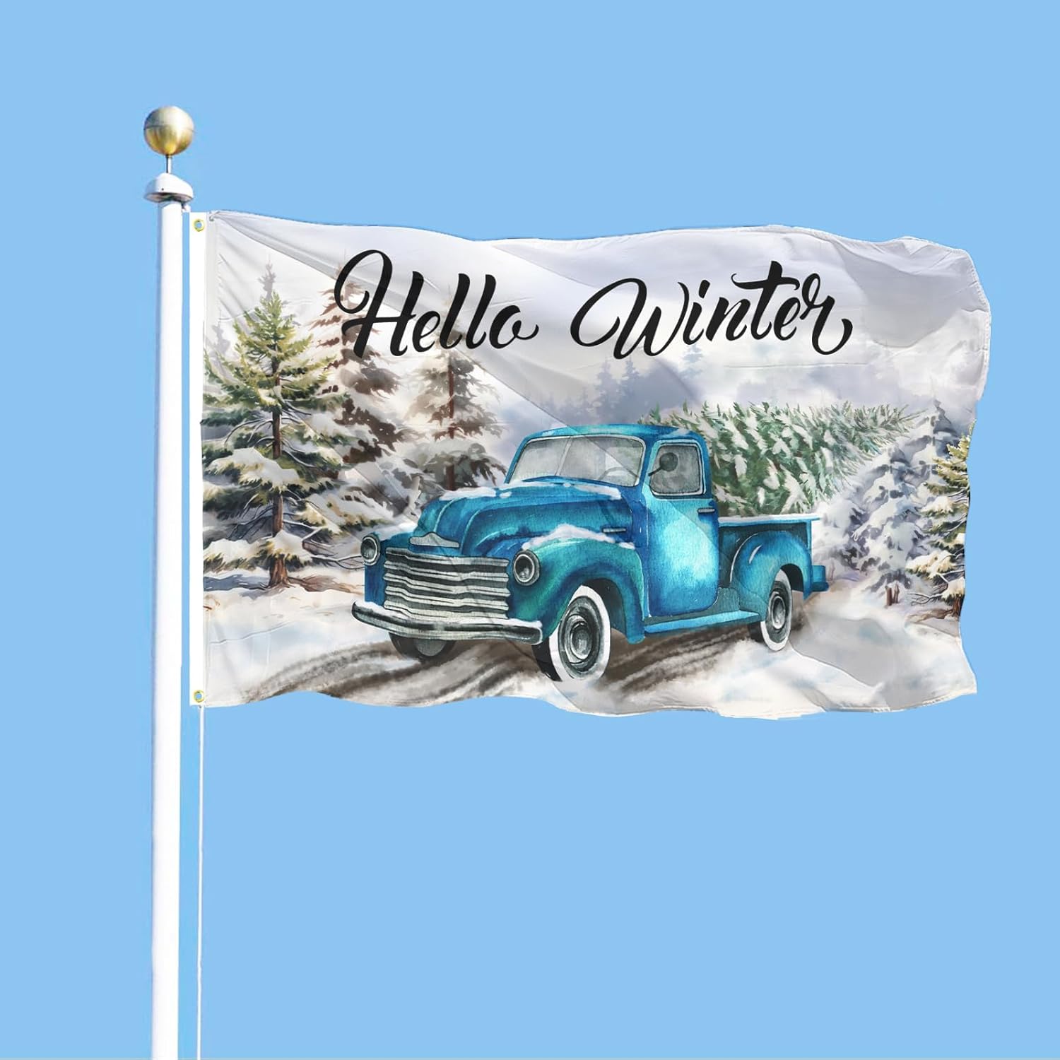 Bandera de jardín con texto en inglés Hello Winter Truck, piña, de bienvenida, Navidad, copos de nieve, decoración al aire libre, doble cara, 3 x 5