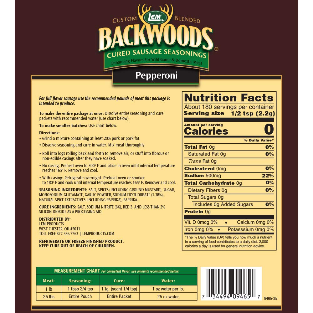 LEM Backwoods – Salchicha condimentada curada, con paquete de cura