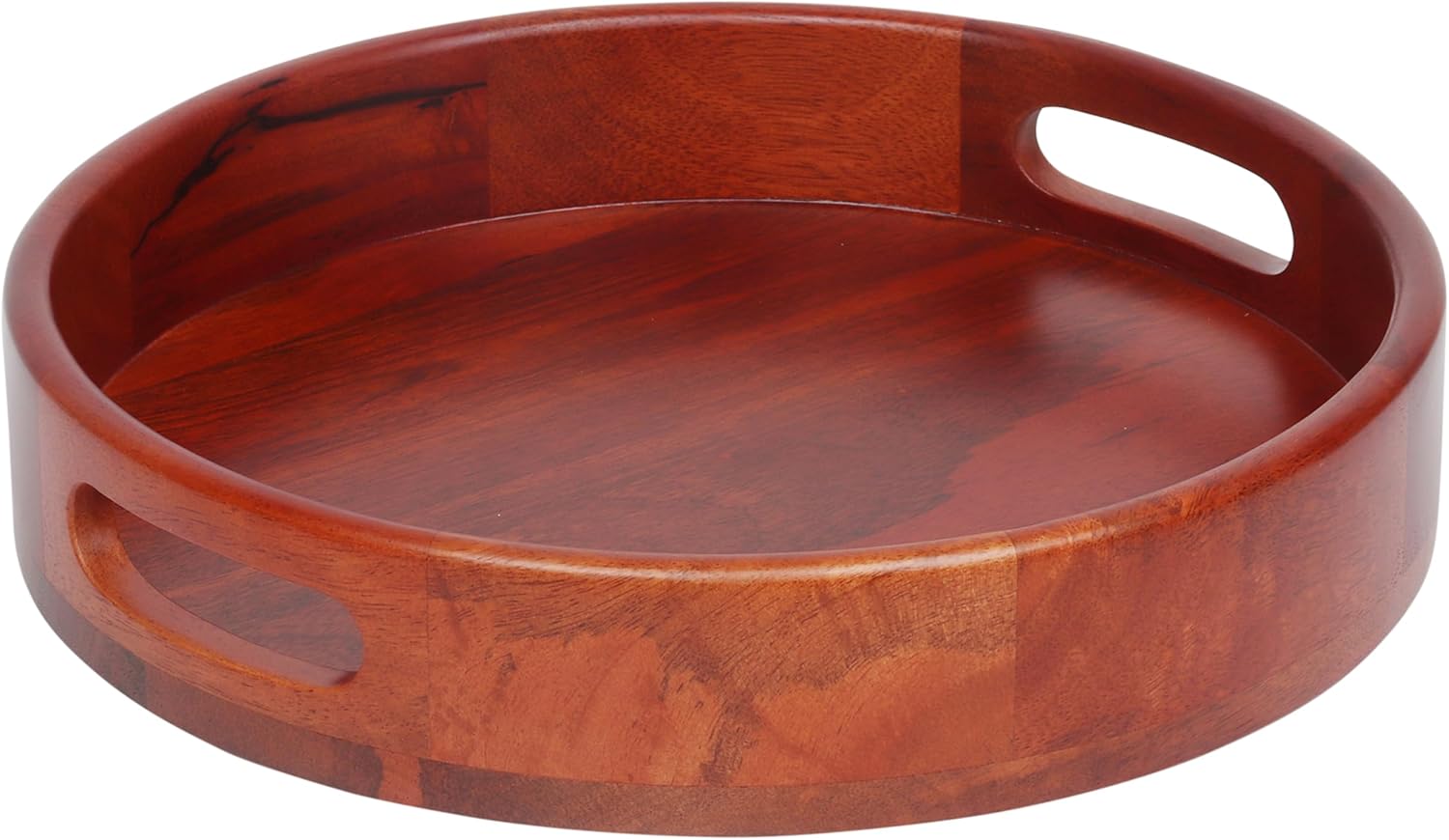 LAVAUK Bandeja redonda de madera de mango de 12 pulgadas con asas, bandeja de madera con acabado de caoba para aperitivos, café, té, barbacoa o