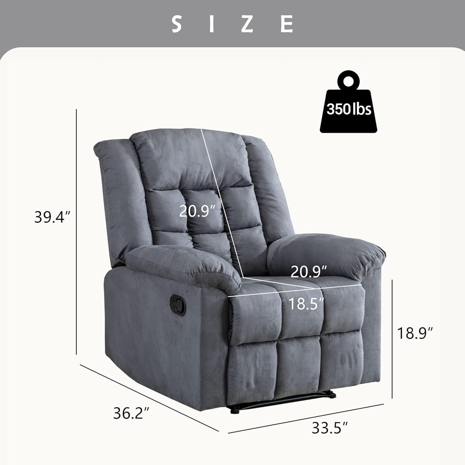 Silla reclinable manual clásica con reposacabezas y reposabrazos acolchados suaves, sofá individual con relleno para sala de estar, dormitorio, gris