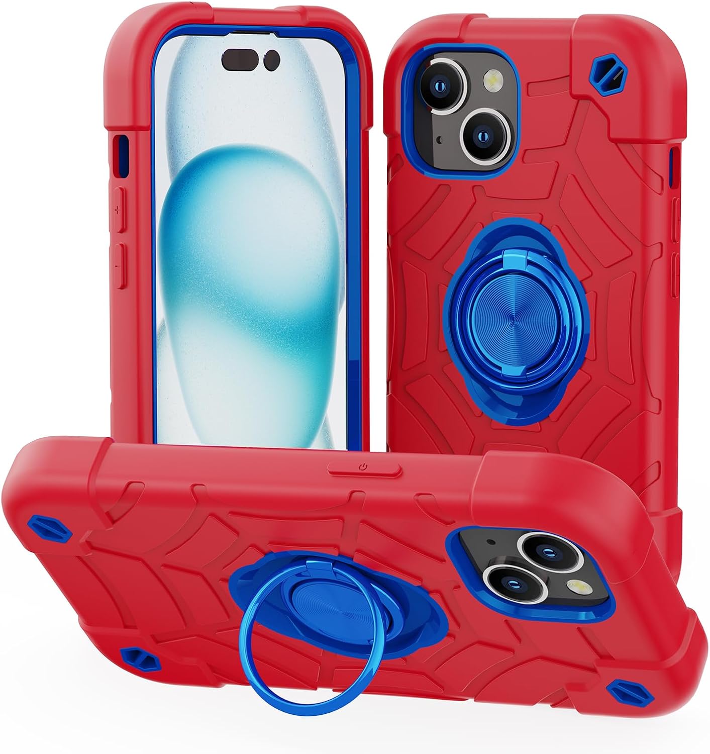 KCJ Funda compatible con iPhone 15 Plus14 Plus con 2 protectores de pantalla soporte de anillo silicona suave + policarbonato duro, protección de
