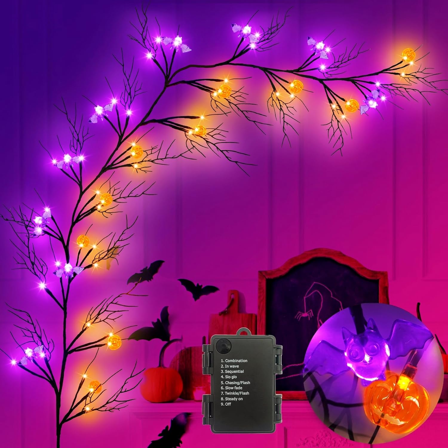 Guirnalda de decoración de ramitas de sauce de Halloween de 6 pies con 57 luces LED con temporizador, 9 calabazas y 7 murciélagos, impermeable,