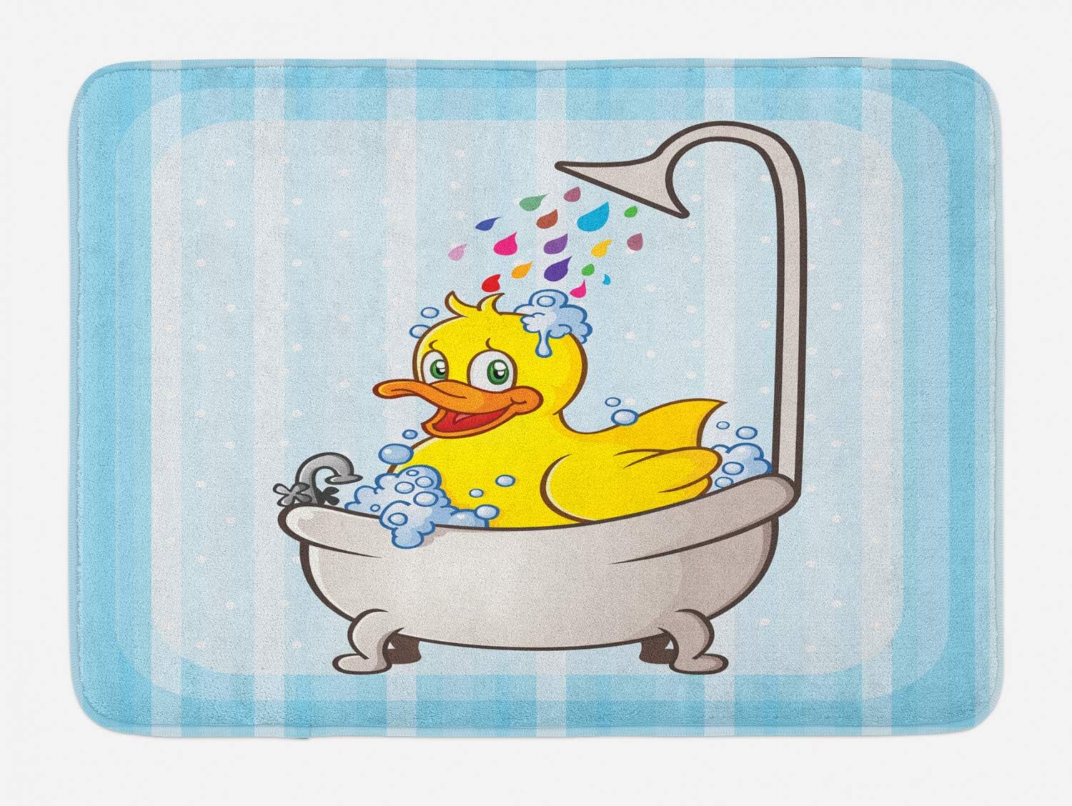 Ambesonne Tapete de baño de pato, personaje de dibujos animados que toma un baño, gotas coloridas de fondo, tapete de felpa para decoración de baño