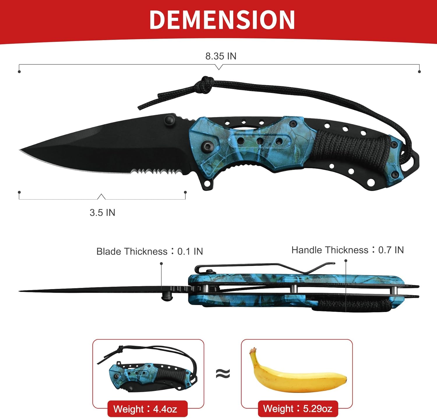 Cuchillo plegable afilado de 4.7 pulgadas, cuchillo dentado de bolsillo, cuchillos EDC con clip para cinturón y mango de cuerda para senderismo,