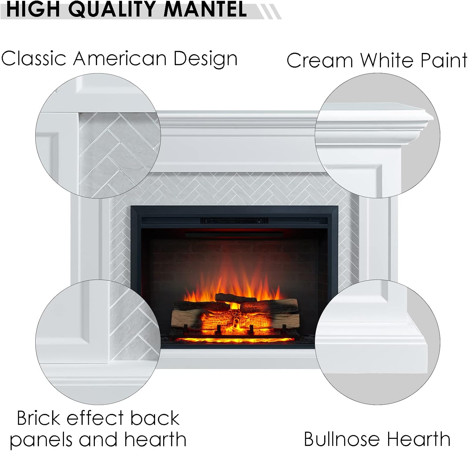 LegendFlame Hailey – Chimenea eléctrica con mantel envolvente de 65 pulgadas e inserto Carl de 39 pulgadas, color blanco crema con acabado de