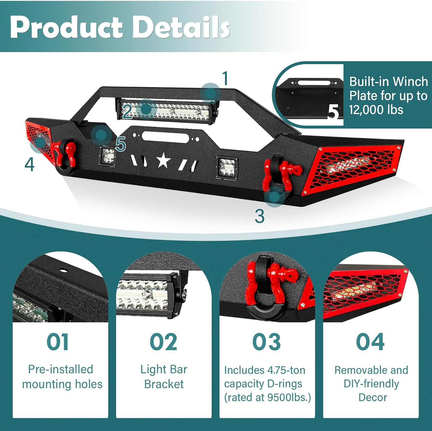 Parachoques delantero compatible con Jeep Wrangler JK JL JKU JLU Unlimited 2007-2024 y Gladiator JT – Parachoques todoterreno con placa de