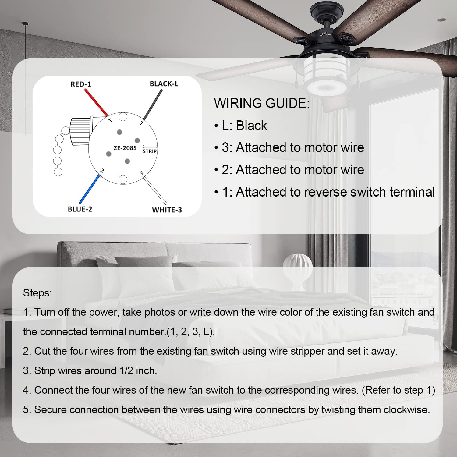 ZE-208s – Interruptor de ventilador de techo de 3 velocidades, con 4 cables preinstalados, compatible con reemplazo de interruptor de ventilador