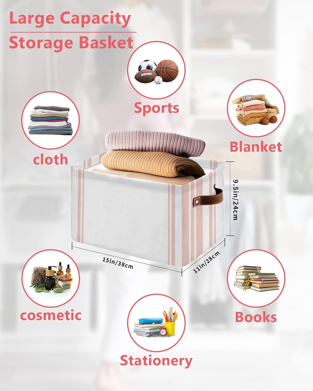 Pink Striped Storage Basket for Organizing Shelves, Collapsible Storage Bins Boxes with Handle, Modern White Striped Abstract Art Aesthetics Canvas