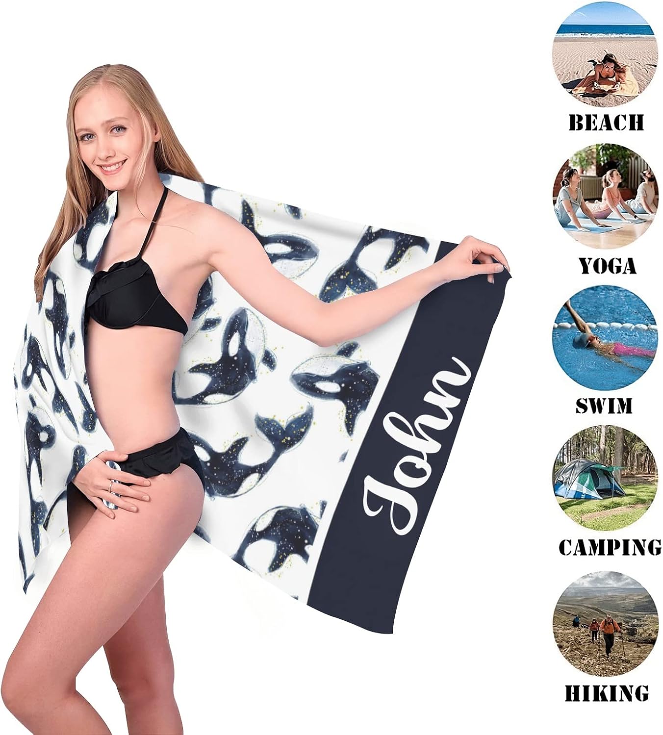 Toalla de playa personalizada con nombre para niños, mujeres y hombres, toalla de baño para viajes, camping, 30 x 60 pulgadas, 2 lados impresos