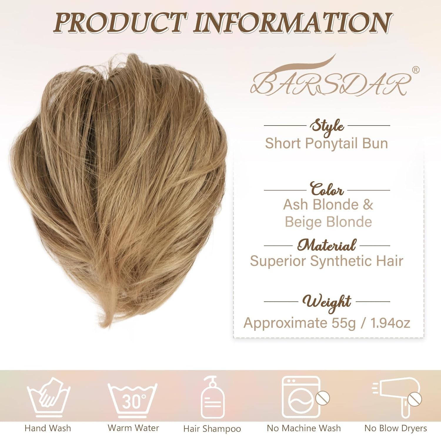 BARSDAR Extensiones de moño de cabello lacio  Extensiones de moño de cabello corto y lacio para mujer, extensiones de moño de cabello rubio