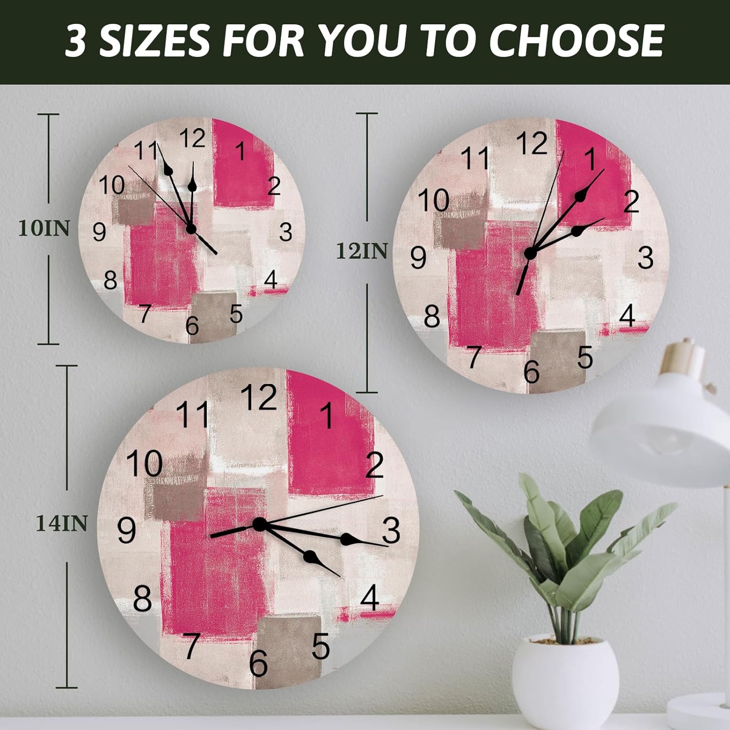 Reloj de pared de 10 pulgadas, silencioso, sin tictac, con graffiti rosa abstracto, redondo, decorativo, para sala de estar, dormitorio, cocina,