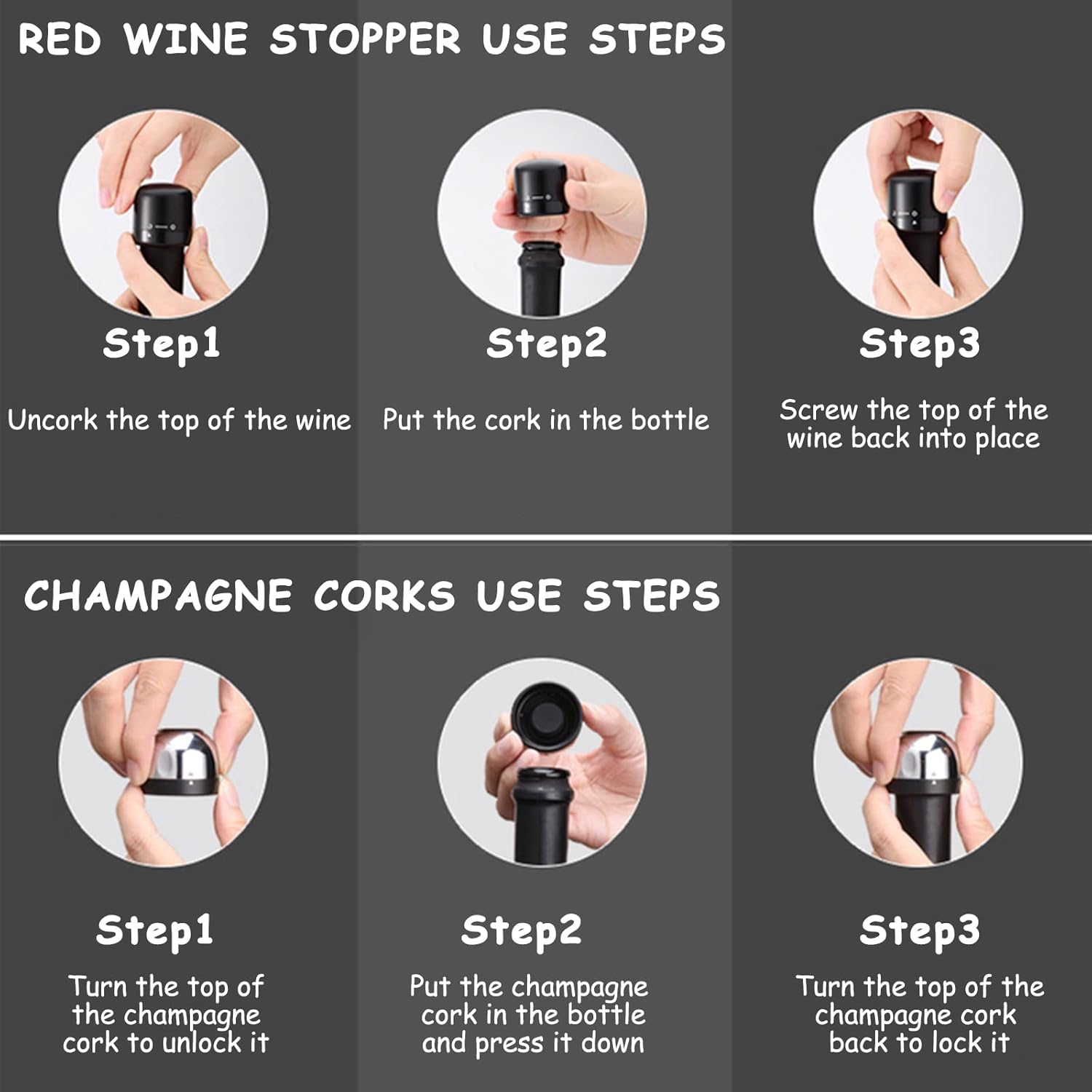 Juego de 4 tapones para vino, paquete de 2 tapones de champán, reutilizables, de plástico y silicona, color negro, a prueba de fugas, champaña y