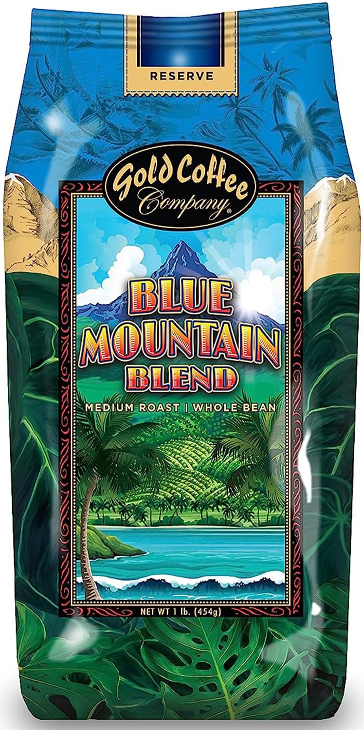 Gold Coffee Blue Mountain Blend Café de grano entero de tostado medio, 1 libra (paquete de 1) – Café instantáneo tostado a la perfección, granos de