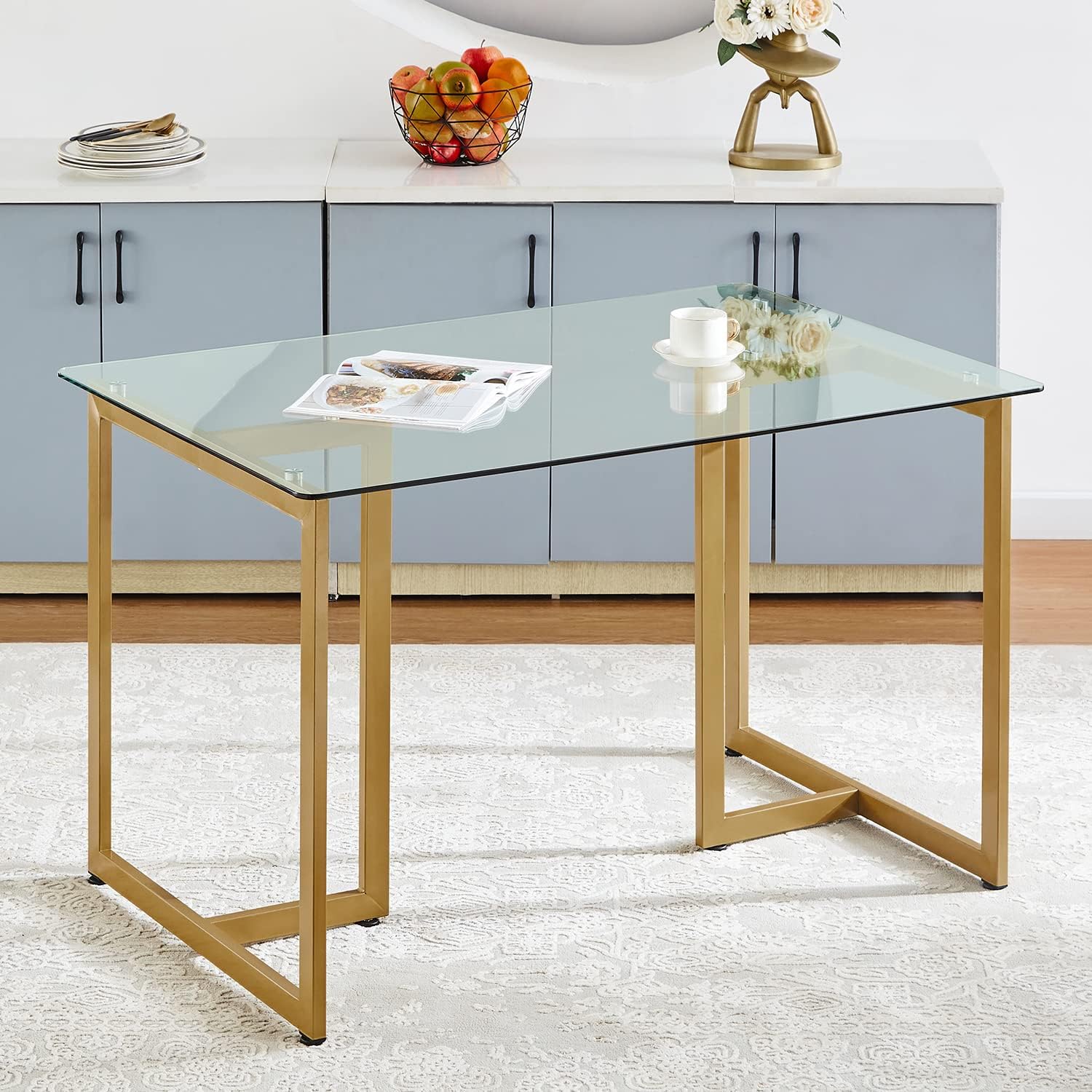 Mesa de comedor de cristal para 4 a 6 personas, mesa rectangular moderna de 47.2 pulgadas con parte superior de vidrio templado transparente y patas