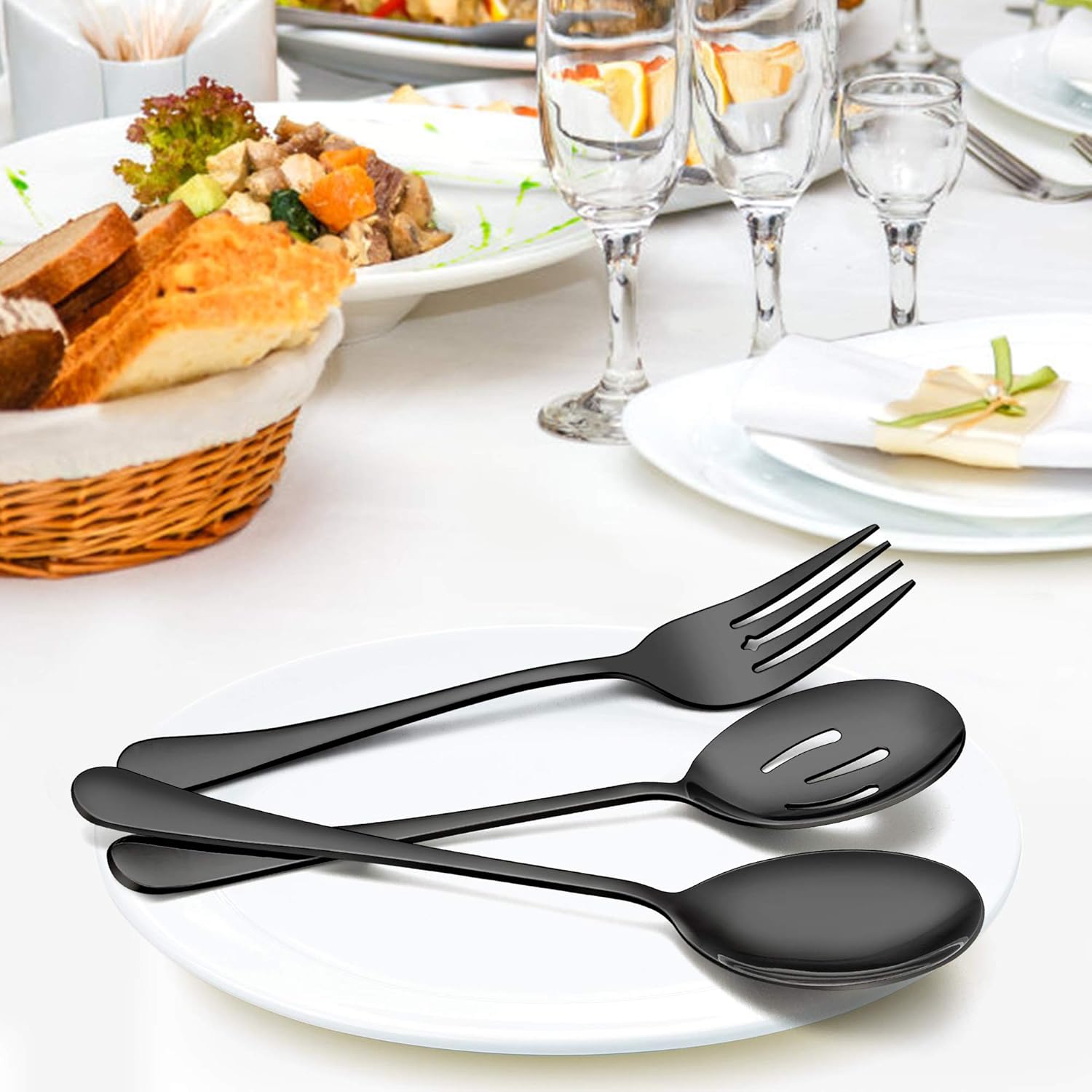 LIANYU Juego de utensilios grandes negros para servir, 3 cucharas para servir, 3 cucharas ranuradas, 3 tenedores para servir, 3 pinzas para servir,