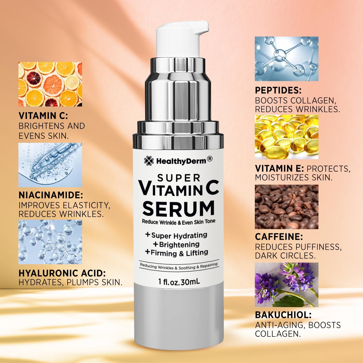 Suero súper vitamina C para mujeres mayores de 70 años niacinamida, vitamina C, ácido hialurónico, péptidos, vitamina E, cafeína, bakuchiol,