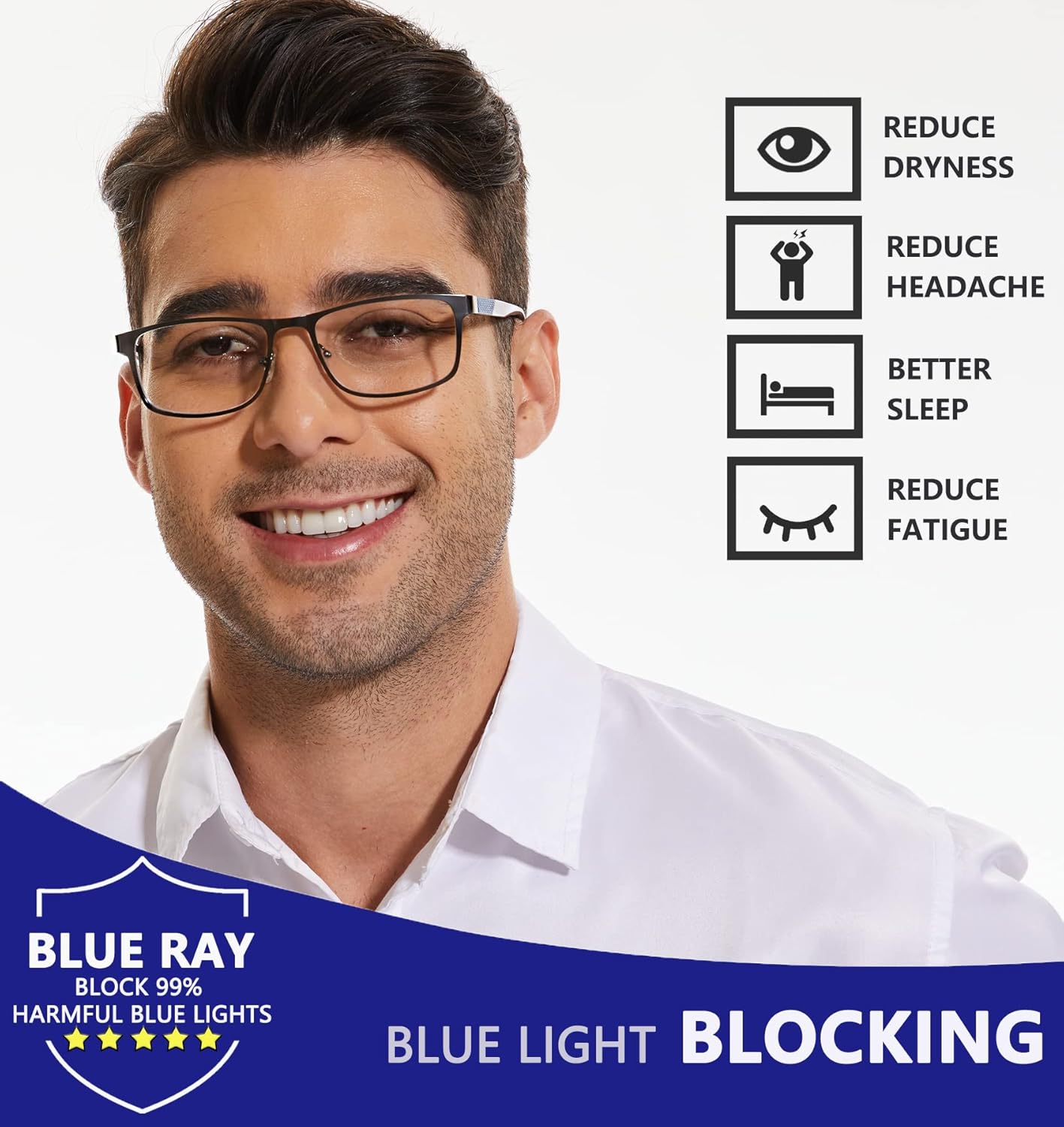 JJWELL Paquete de 4 lentes de lectura para hombres, bloqueo de luz azul, lectores de marco completo de metal para hombres, antifatiga ocular,