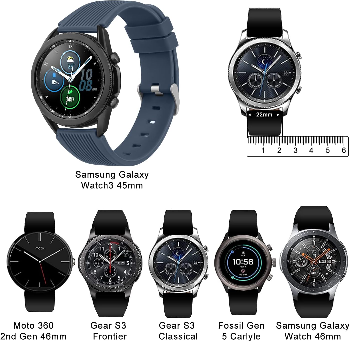 Compatible con Samsung Galaxy Watch 3 correas de 1.772 in, Galaxy Watch 1.811 in, correa deportiva de silicona de 0.866 pulgadas, correa de repuesto