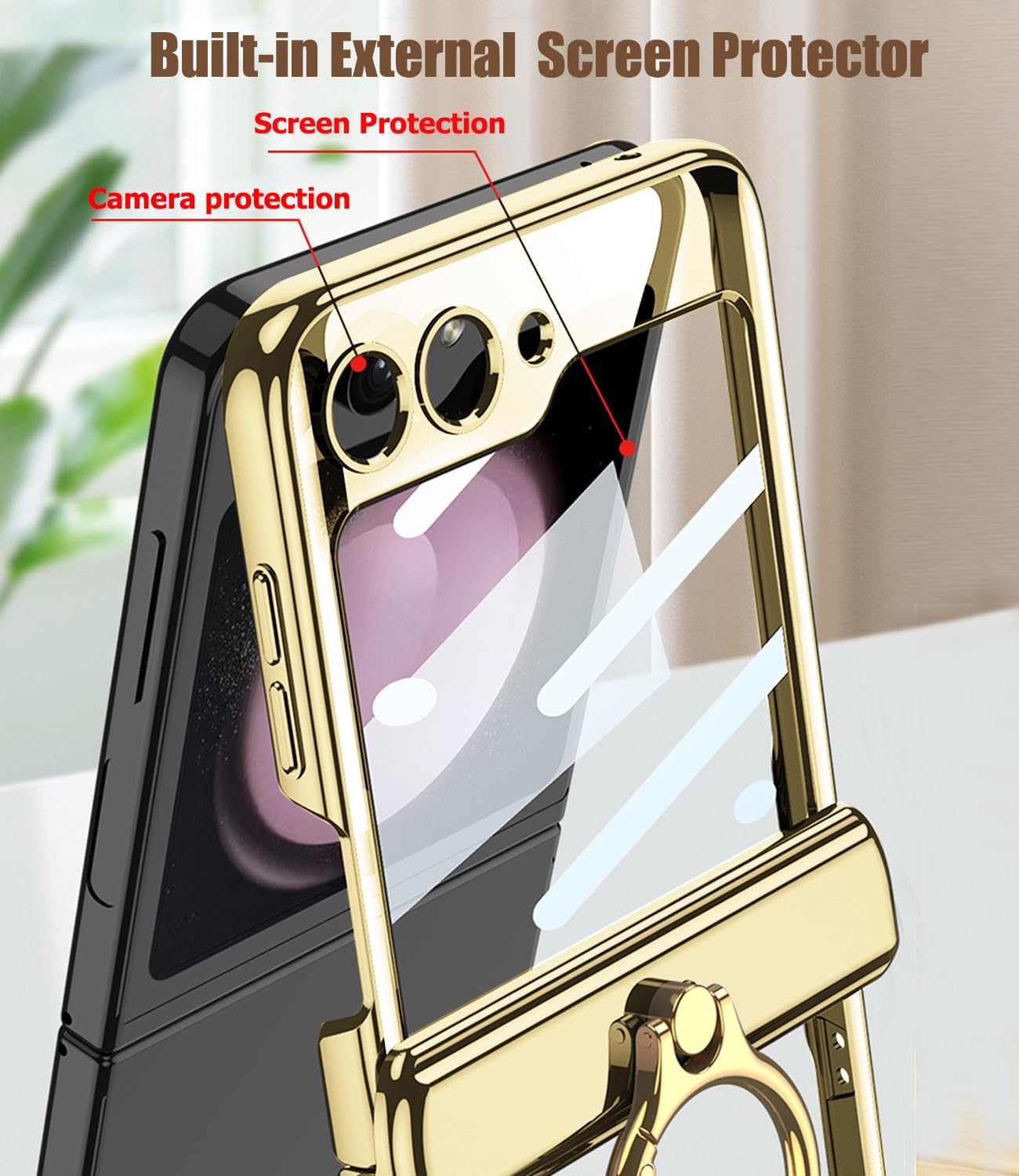 Funda transparente para Samsung Galaxy Z Flip 5 con protección magnética de bisagra, soporte de anillo y protector de pantalla externo,