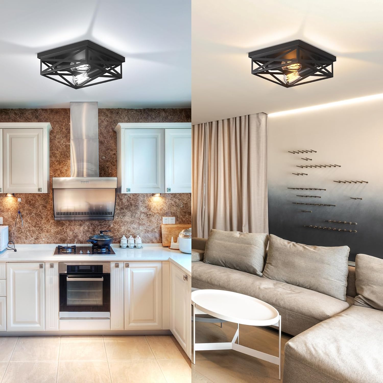 Lámpara de techo estilo casa de campo, 2 luces industriales empotradas, color negro mate, lámpara de techo moderna para cocina, dormitorio, pasillo,