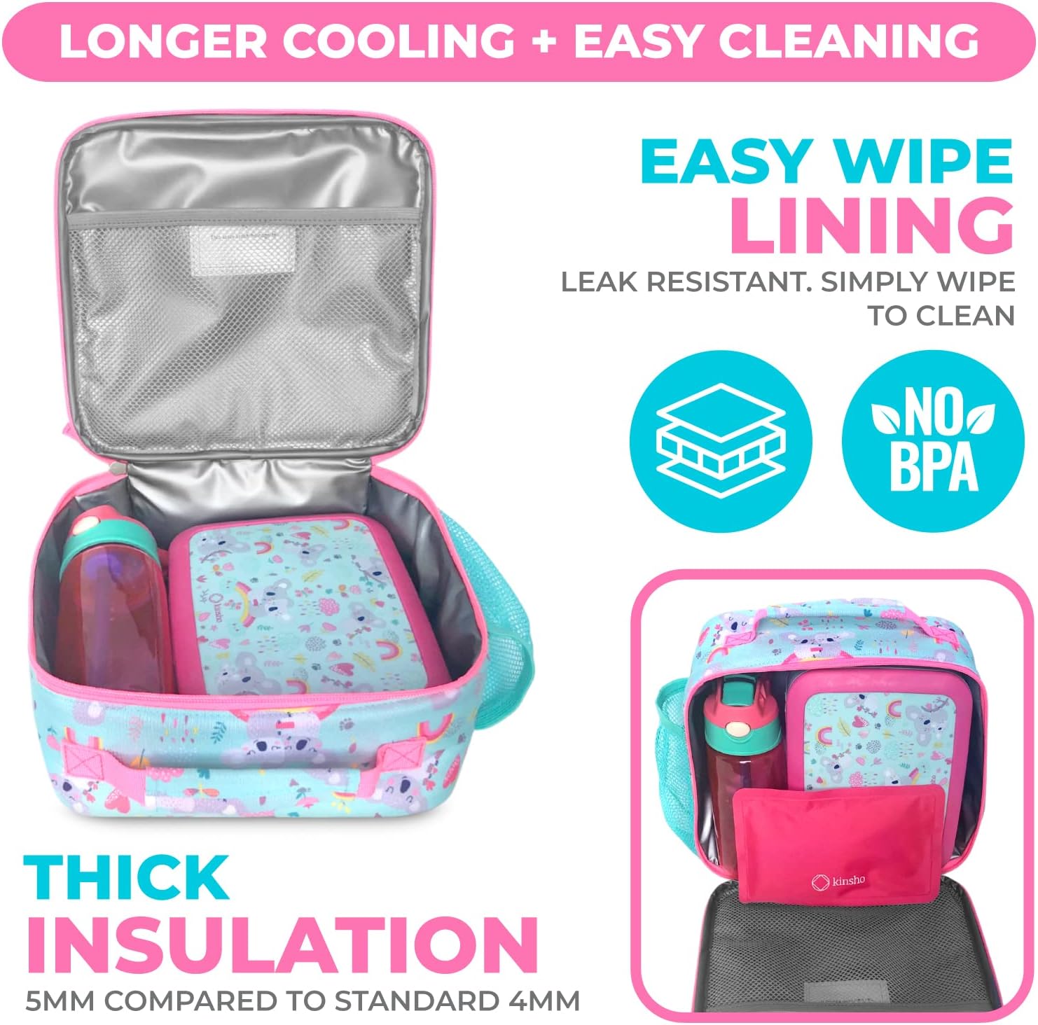 kinsho Lonchera para niños con bolsa de hielo, lonchera aislada para niñas pequeñas, guardería, preescolar, cajas grandes para almuerzos infantiles,