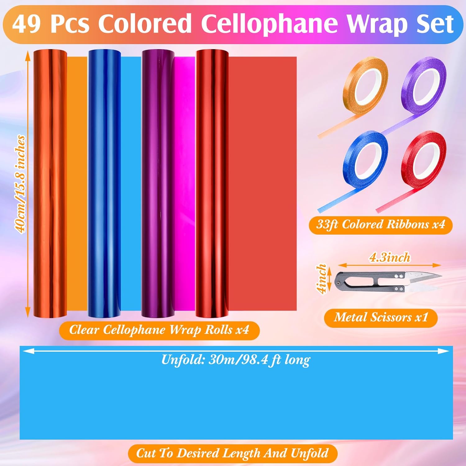 Tenceur Juego de 49 envolturas de celofán transparente de color Pascua, 4 rollos de 15.8 pulgadas x 98.4 pies, 40 lazos coloridos, 4 rollos de