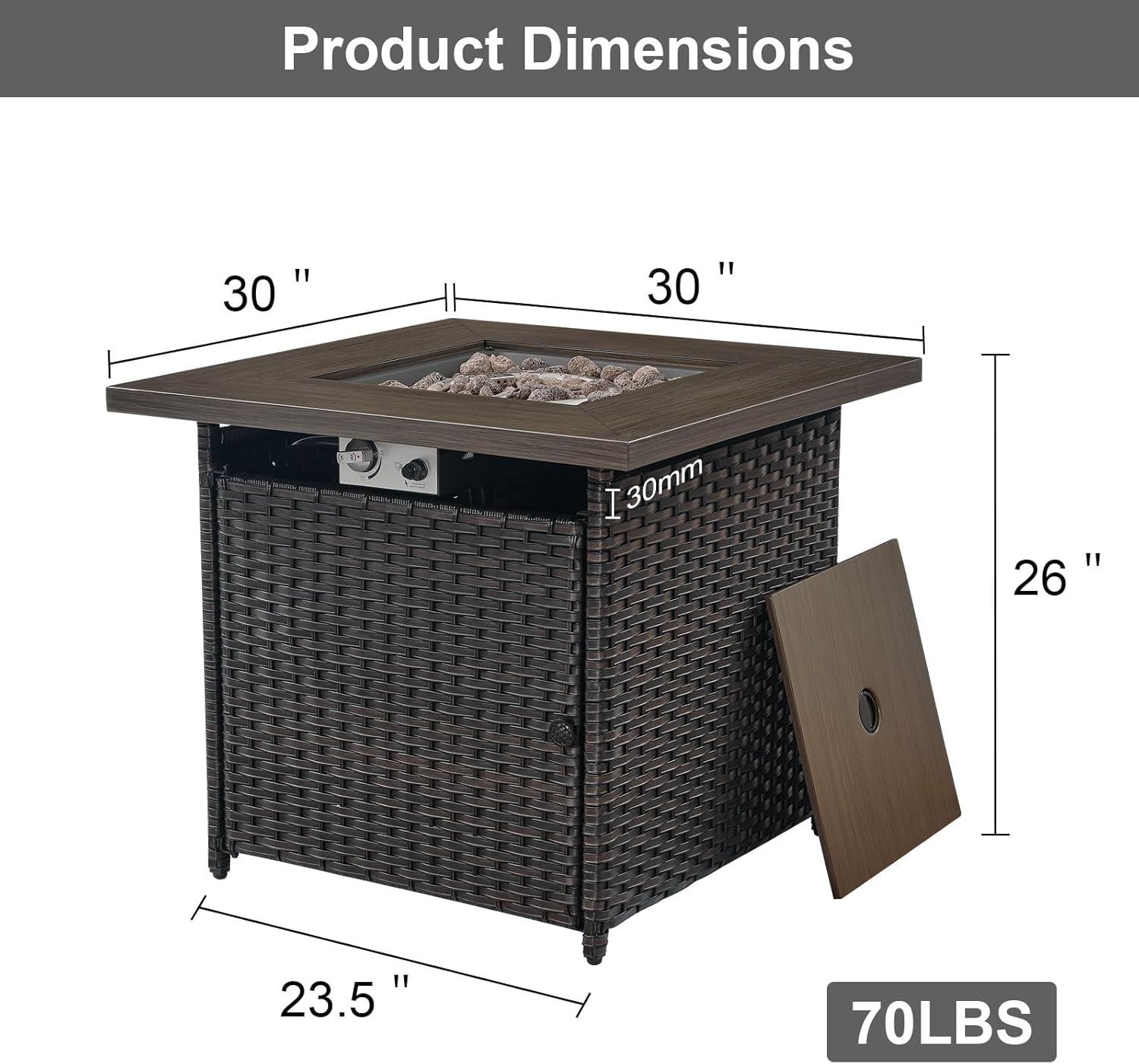 HUMMUH Mesa cuadrada de propano de 30 pulgadas, fogata de gas al aire libre de 50,000 BTU con tapa y roca de lava, mesa de acero 2 en 1 para porche,