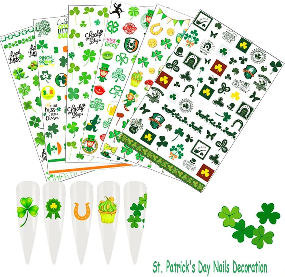 6 hojas de calcomanías para uñas del día de San Patricio, autoadhesivas 3D, trébol, trébol, trébol, verde, irlandés, decoración de uñas, día de San