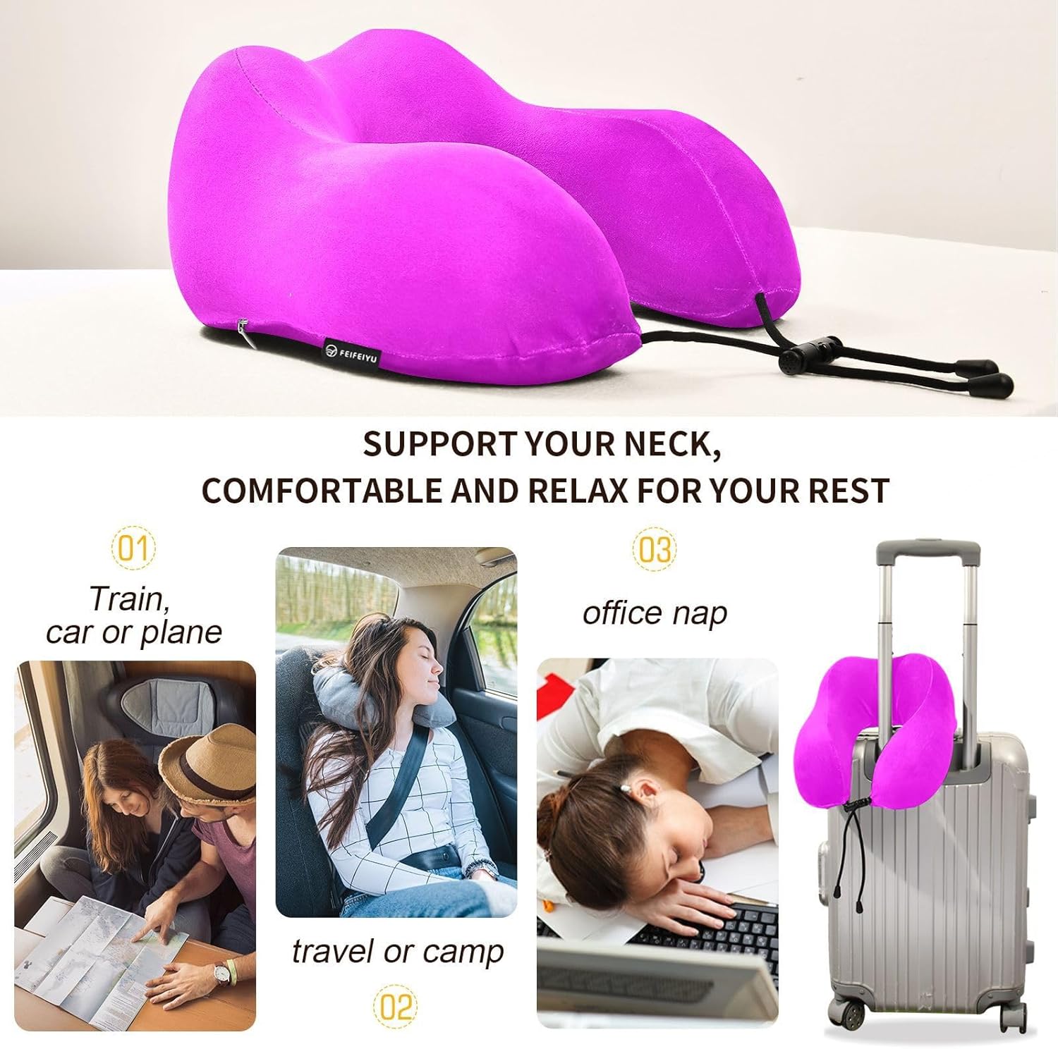 UMIRIKO Almohada de viaje magenta para el cuello para cama de viaje de coche, almohada de espuma viscoelástica en forma de U para el cuello, color