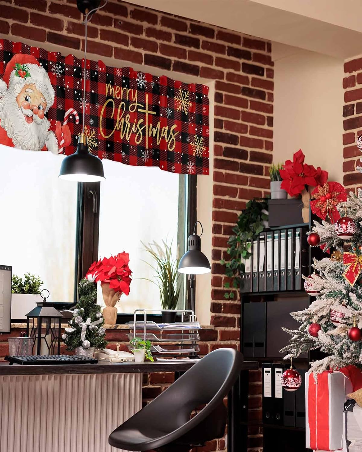 Cenefa de Navidad para ventanas, cenefas de Papá Noel, cenefa con bolsillo para barra, tratamientos de ventana, cortinas cortas a cuadros rojos para