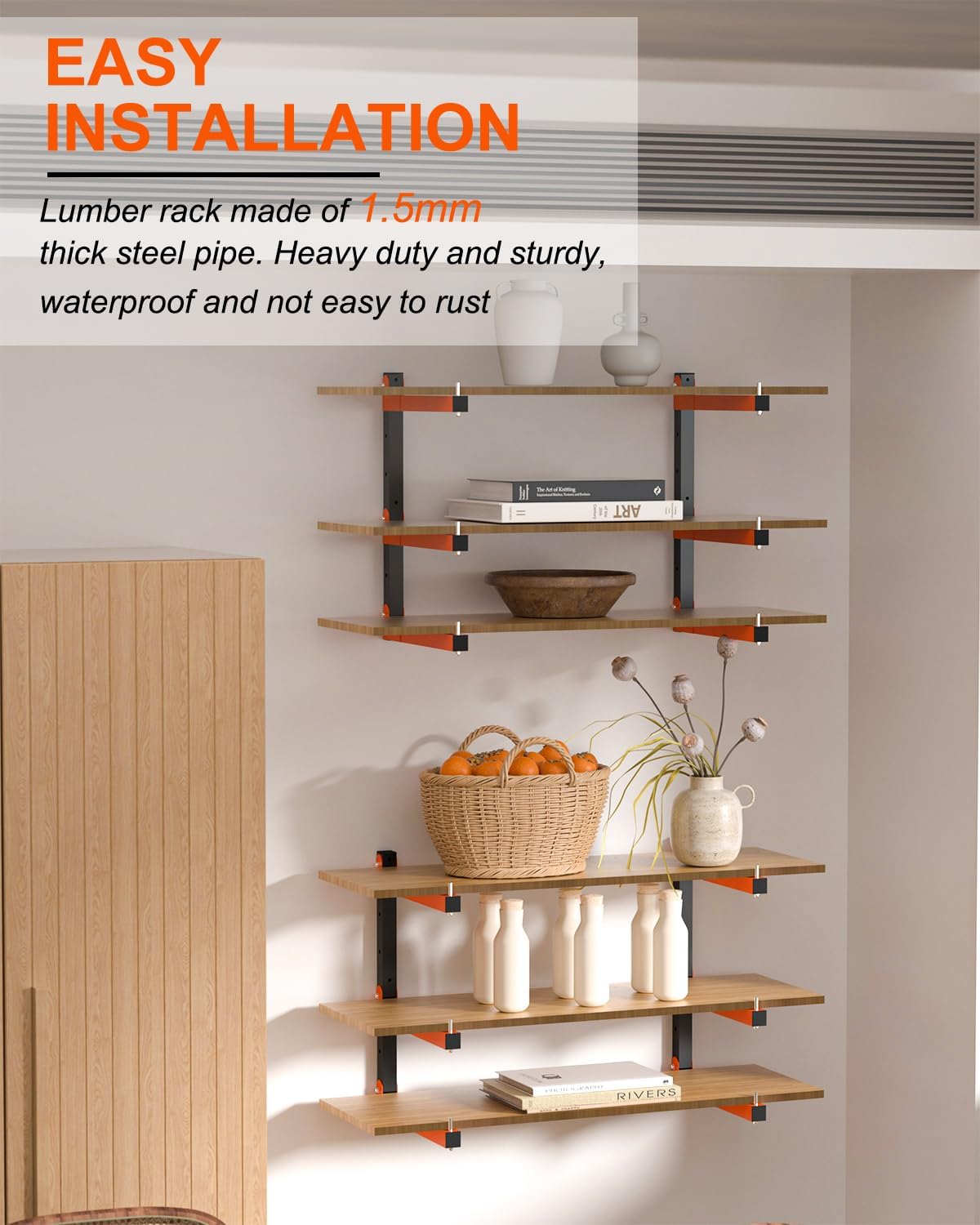 Estante de almacenamiento de madera, soporte de pared para madera, estantes de almacenamiento de madera resistente con sistema de 9 niveles,