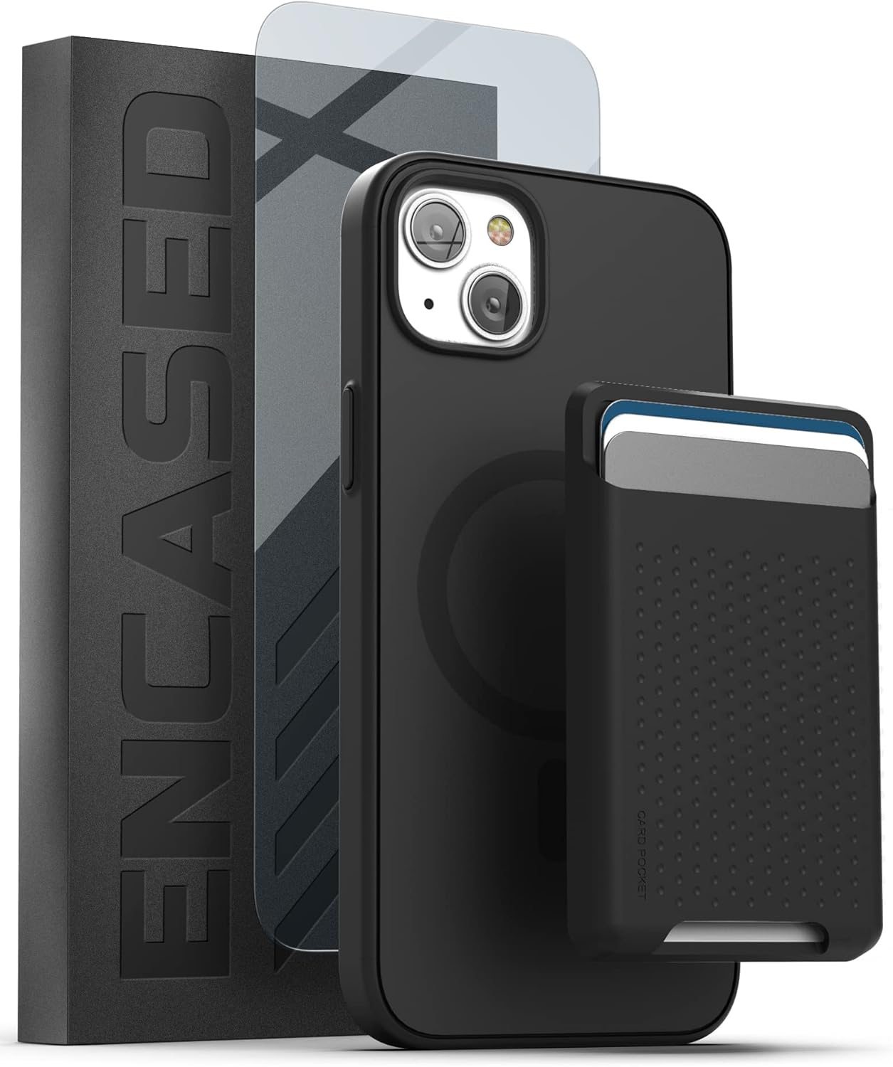 Encased Juego de funda 3 en 1 para iPhone 14 Plus con tarjetero y protector de pantalla (compatible con MagSafe), color negro