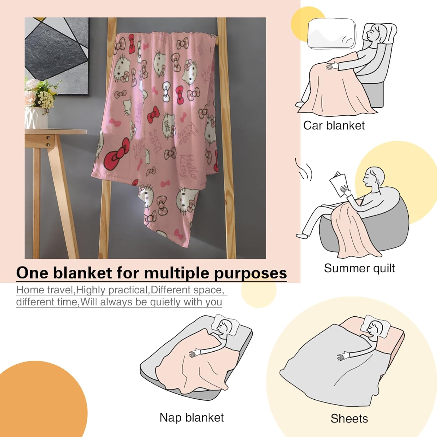 Manta de franela ultra suave con diseño de gatitos de caricaturas, manta de decoración de ropa de cama kawaii, manta para sofá (80 x 60 pulgadas,