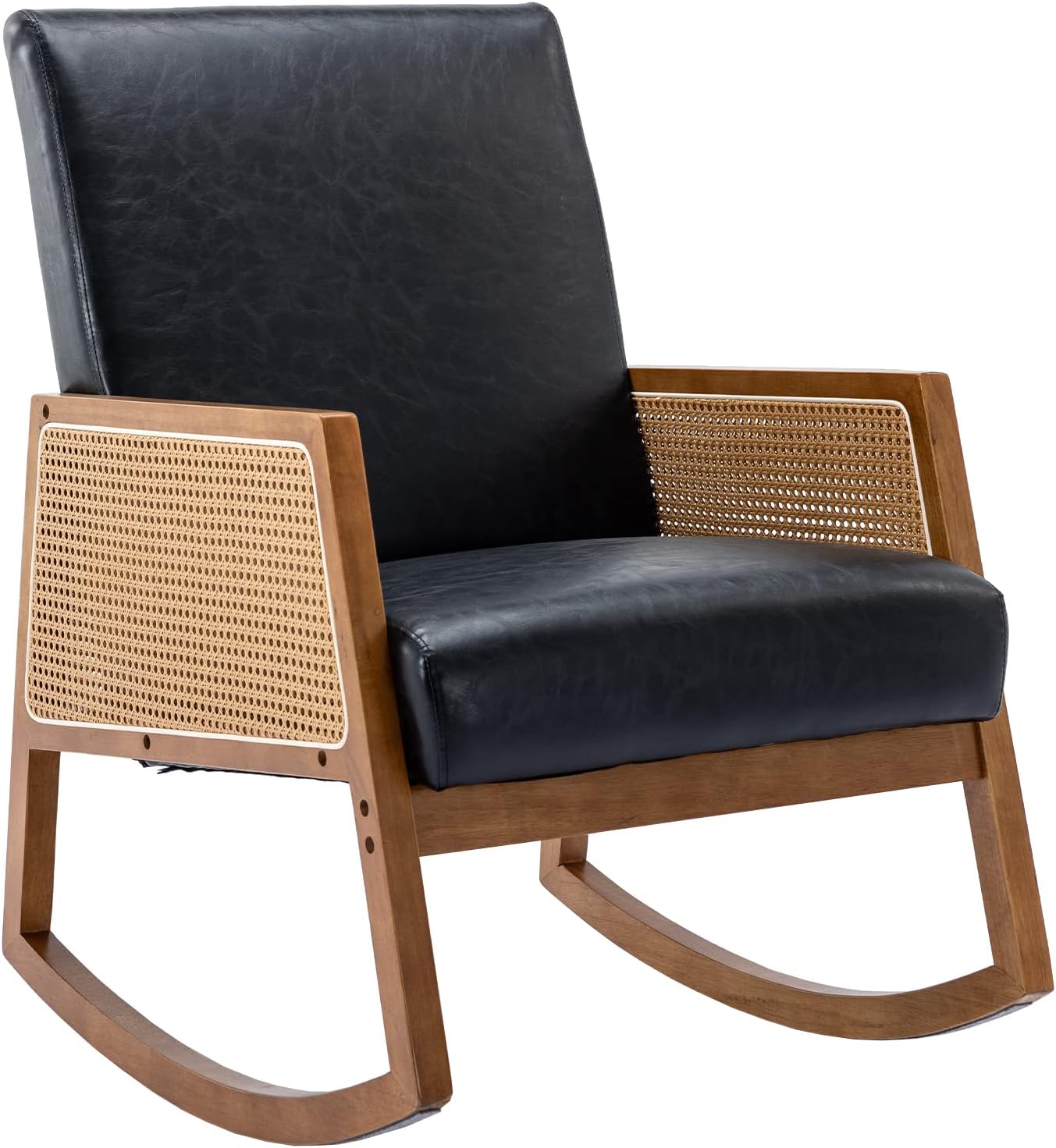 Mecedora moderna, mecedora de piel sintética con asiento acolchado, base de madera maciza, cómoda silla con respaldo alto para sala de estar,