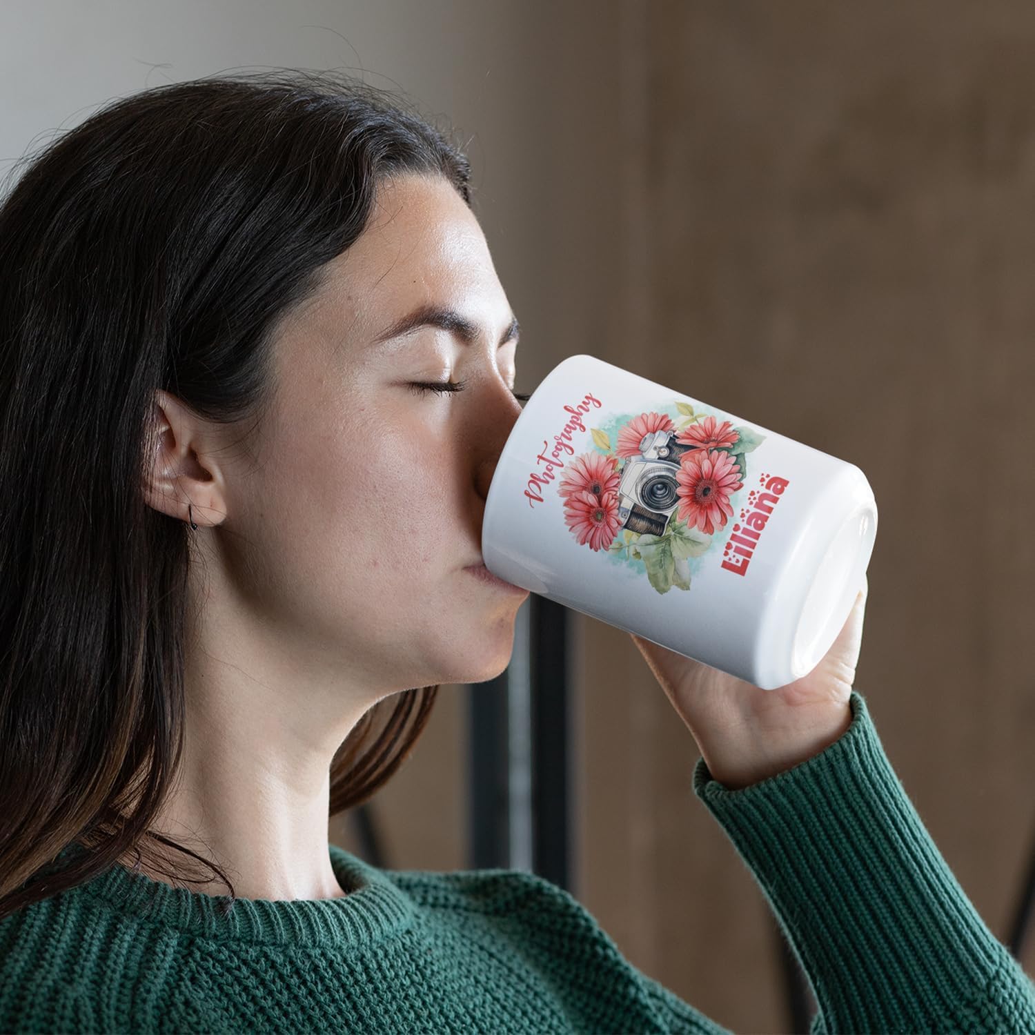 Taza de café personalizada para fotógrafo, cámara con flores de gerbera, taza de té personalizada con nombre, regalo para amantes de la fotografía,