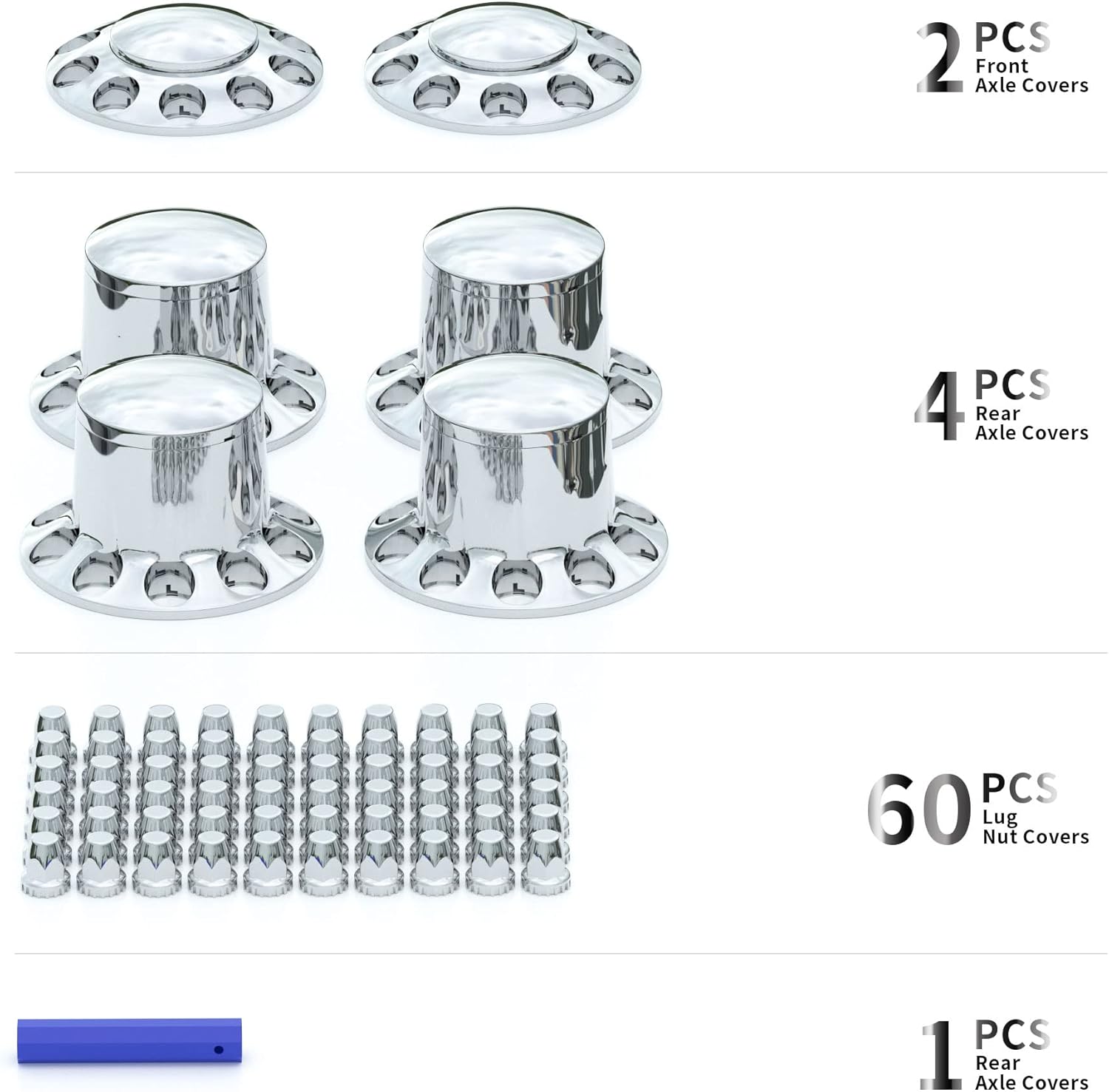 Cubiertas de rueda de eje para semirremolque de plástico ABS cromado con 2 cubiertas delanteras y 4 traseras para ruedas de eje completo, 1.299 in,