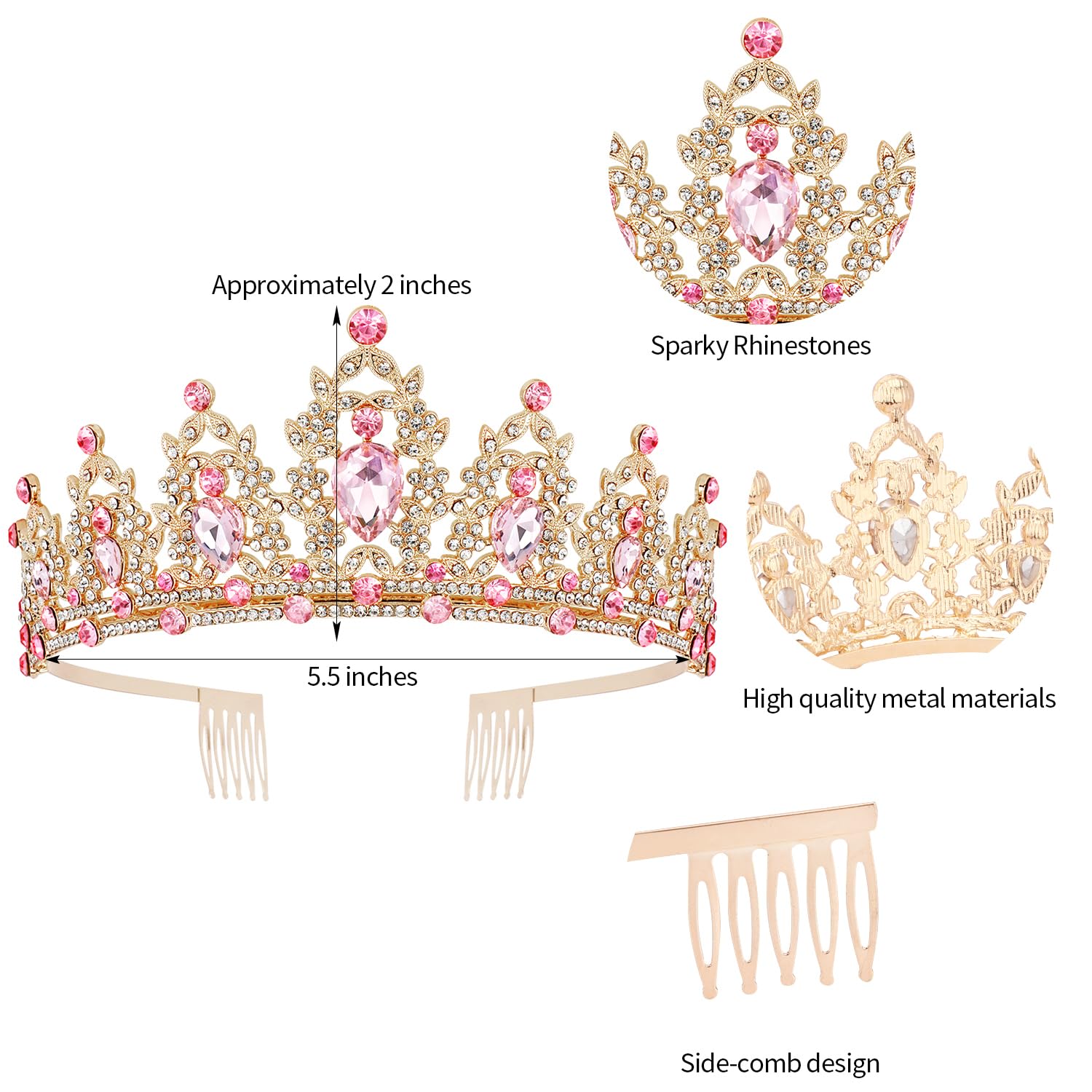 SuPoo Kit de banda y corona de cumpleaños rosa, corona de princesa, tiara de cumpleaños dorada para niña con peine banda de cumpleaños para mujeres,