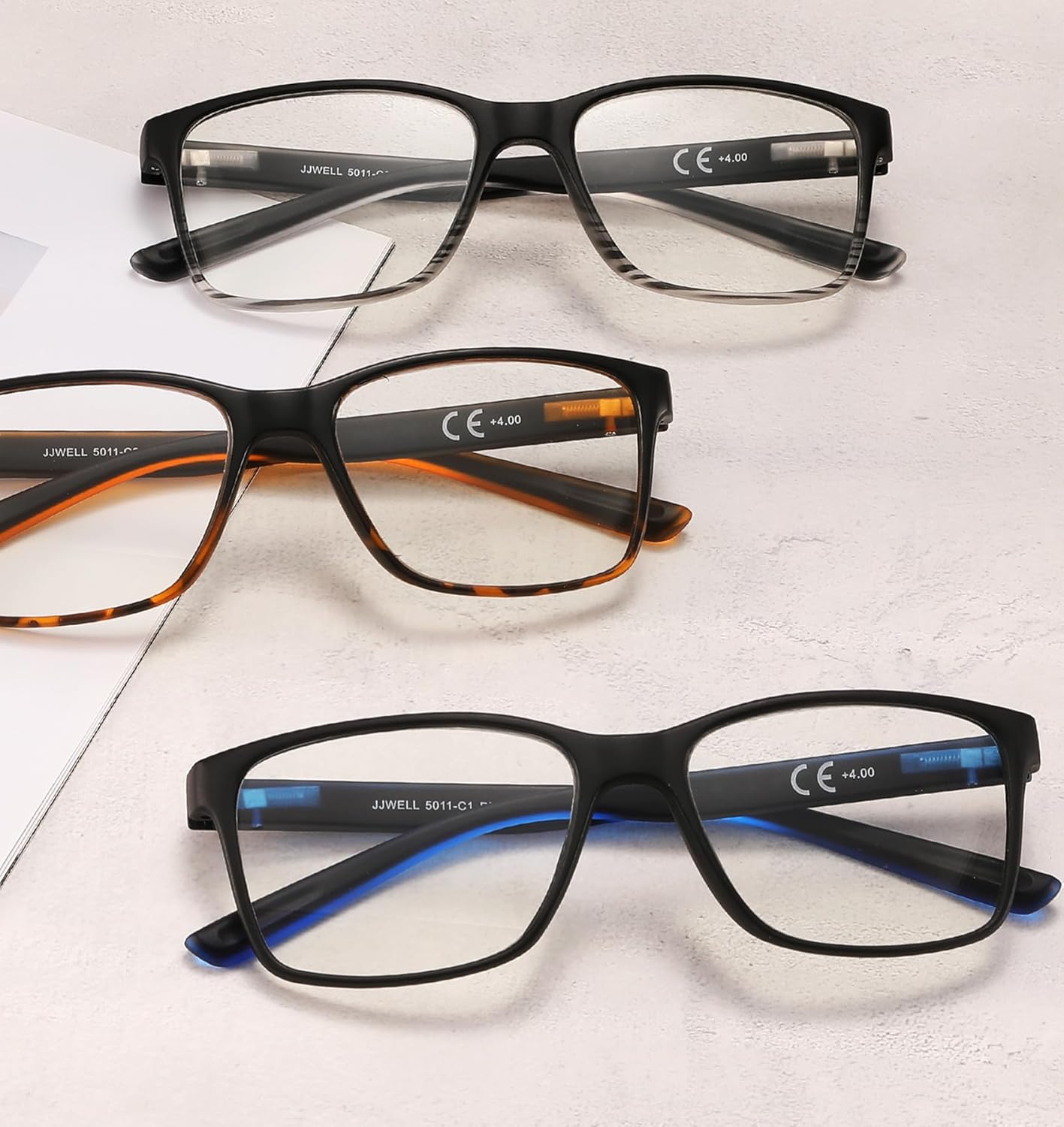 JJWELL Paquete de 3 lentes de lectura para hombre, bloqueo de luz azul con bisagra de resorte, antifatiga ocular, sequedad, UV, grandes cuadrados,