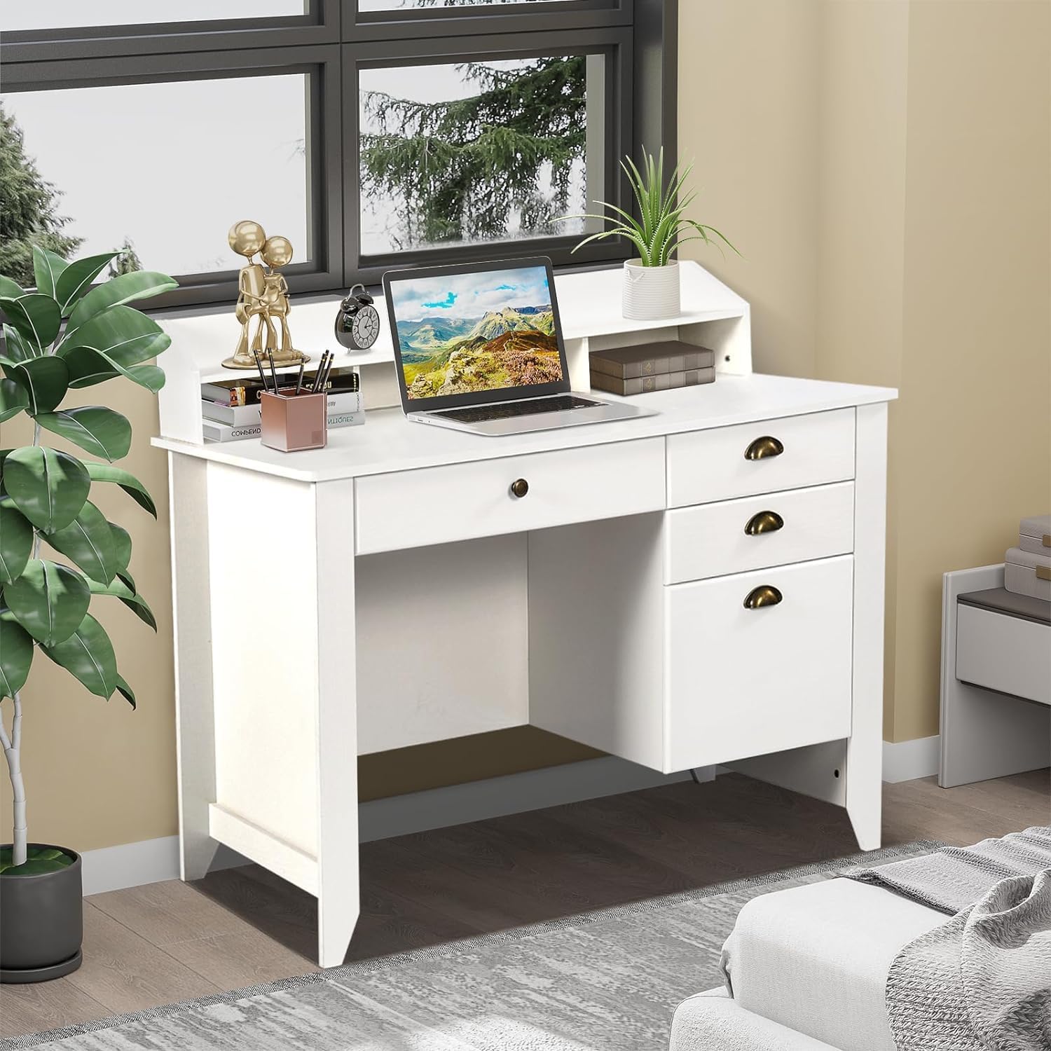 Escritorio blanco con cajones y gabinete, pequeño escritorio blanco con estante de almacenamiento, escritorio de computadora con cajón de archivos,