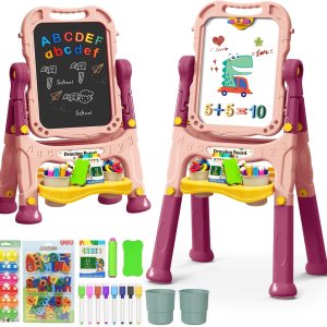 Caballete de arte para niños con tablero de dibujo magnético, caballete de doble cara con letras y números magnéticos, caballete de pie ajustable Caballete de arte para niños con tablero de dibujo magnético, caballete de doble cara con letras y números magnéticos, caballete de pie ajustable